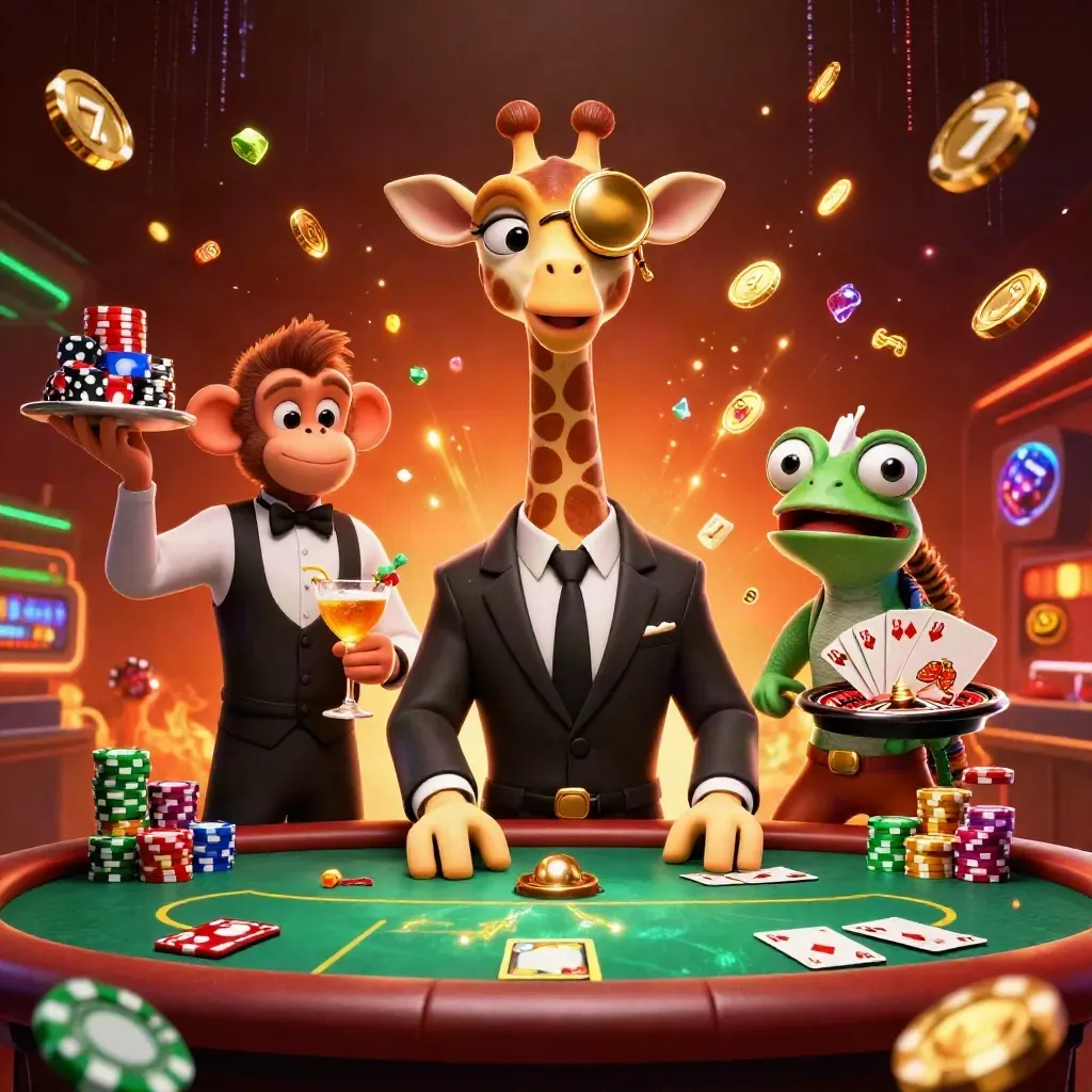Giraffe high-roller, monkey valet, and chameleon bartender in a glowing casino burst of coins, gems, chips