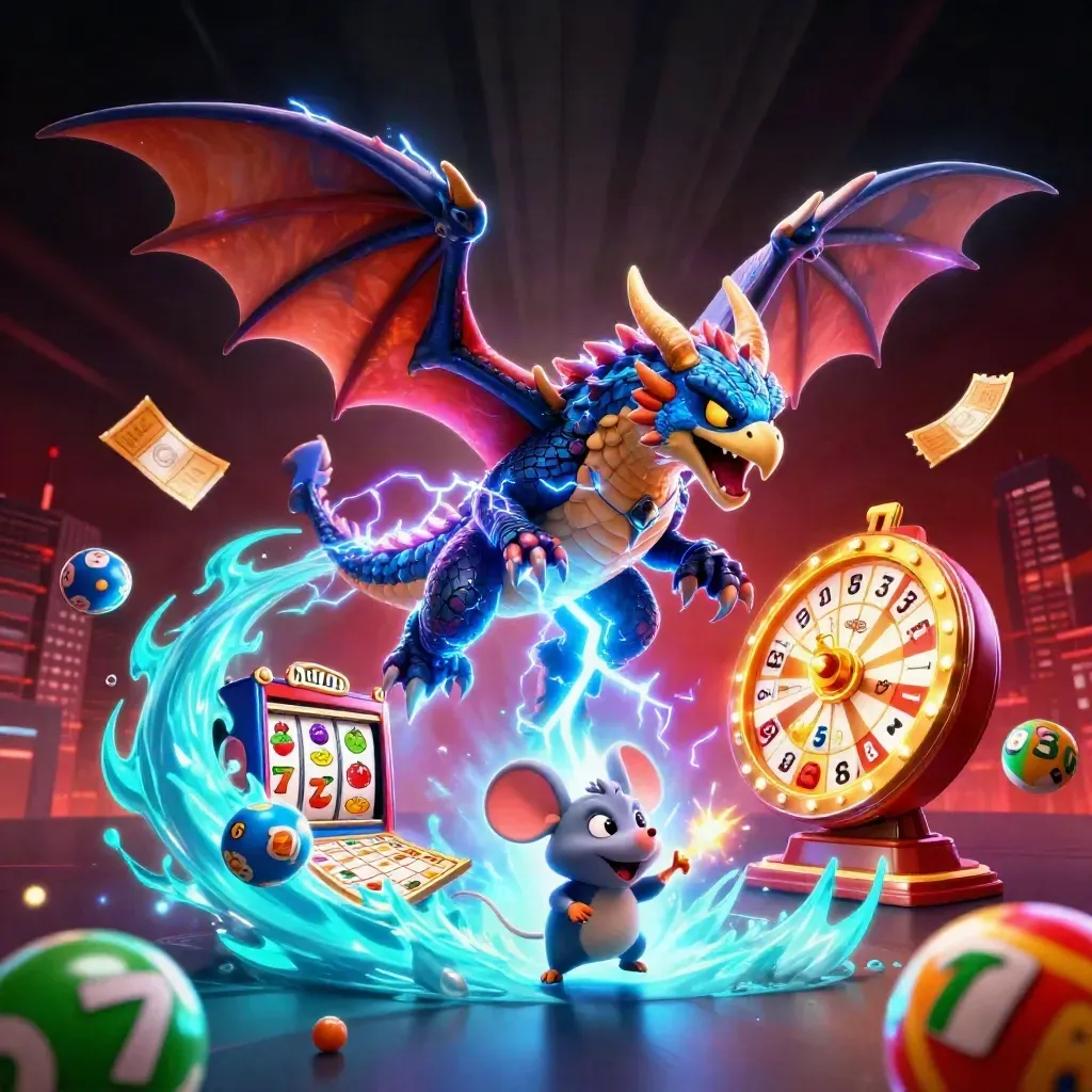 Thunder dragon, hawk, and thunder-mouse amid casino bursts, neon glow, and jackpot energy.