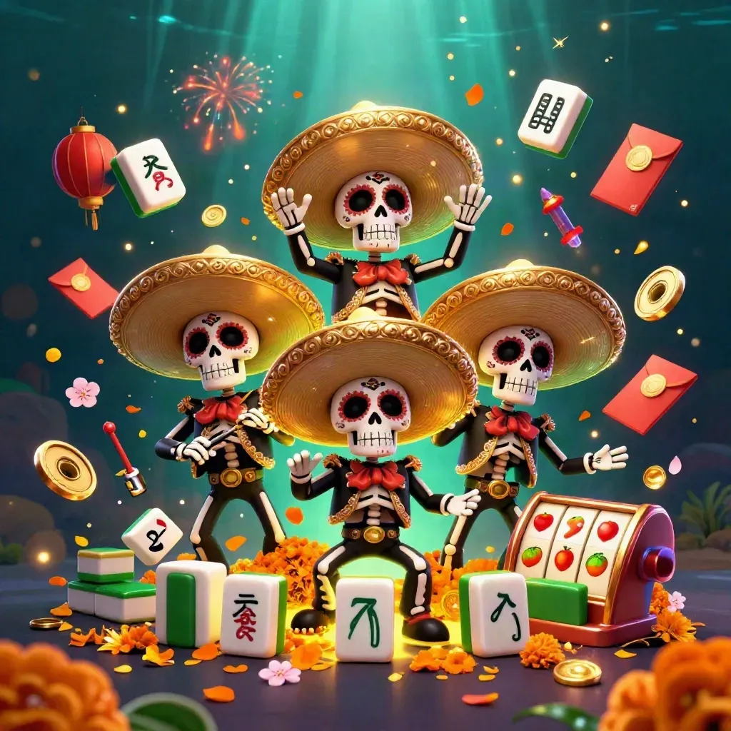Skeleton mariachi trio amid lanterns, jade coins, petals and casino effects in neon green glow.