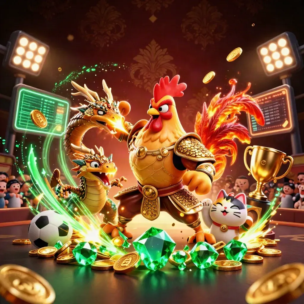 Rooster warrior, spark-breathing hatchling, and fortune cat amid casino treasure burst and glowing balls.