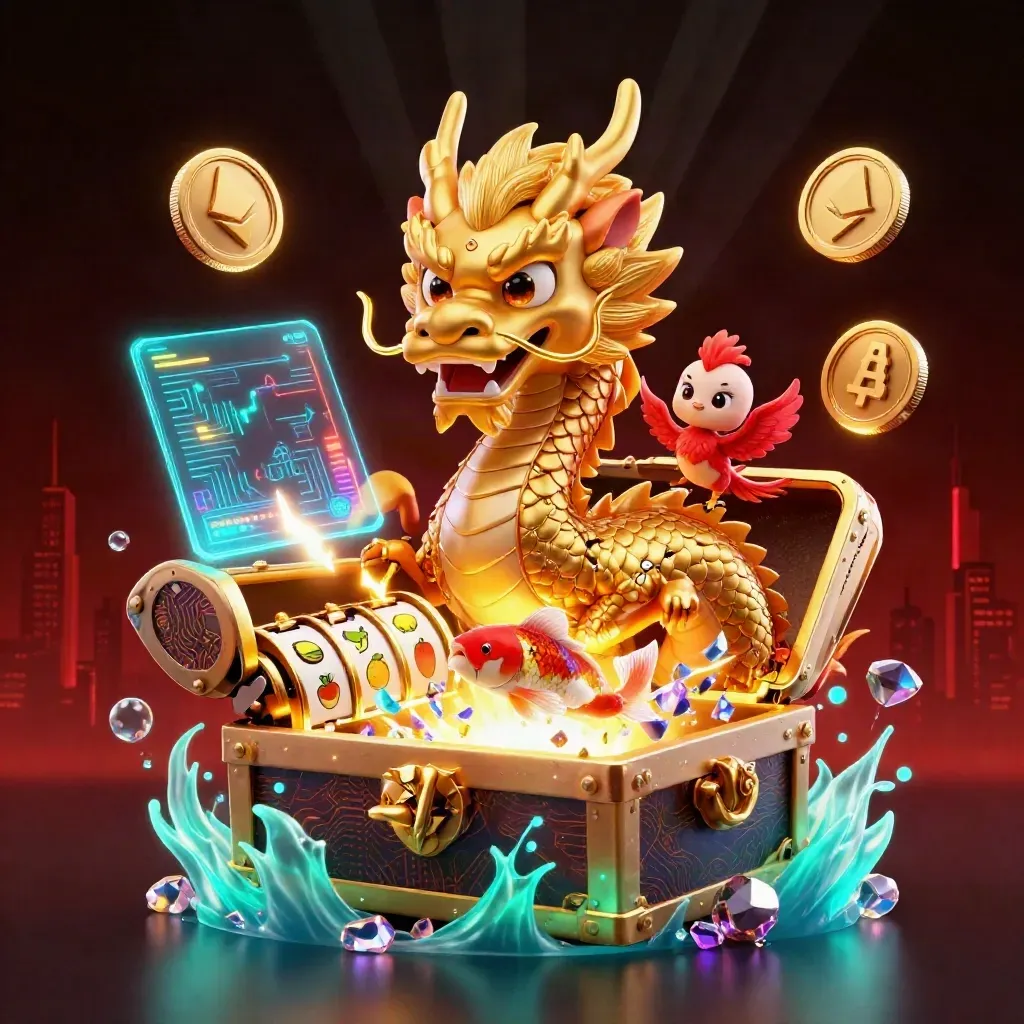 Golden dragon with phoenix and koi erupting from a treasure chest amid neon casino energy