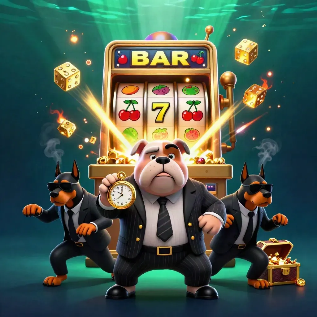 Bulldog boss and two Dobermans amid exploding slot machine, gold, gems, and neon casino glow.