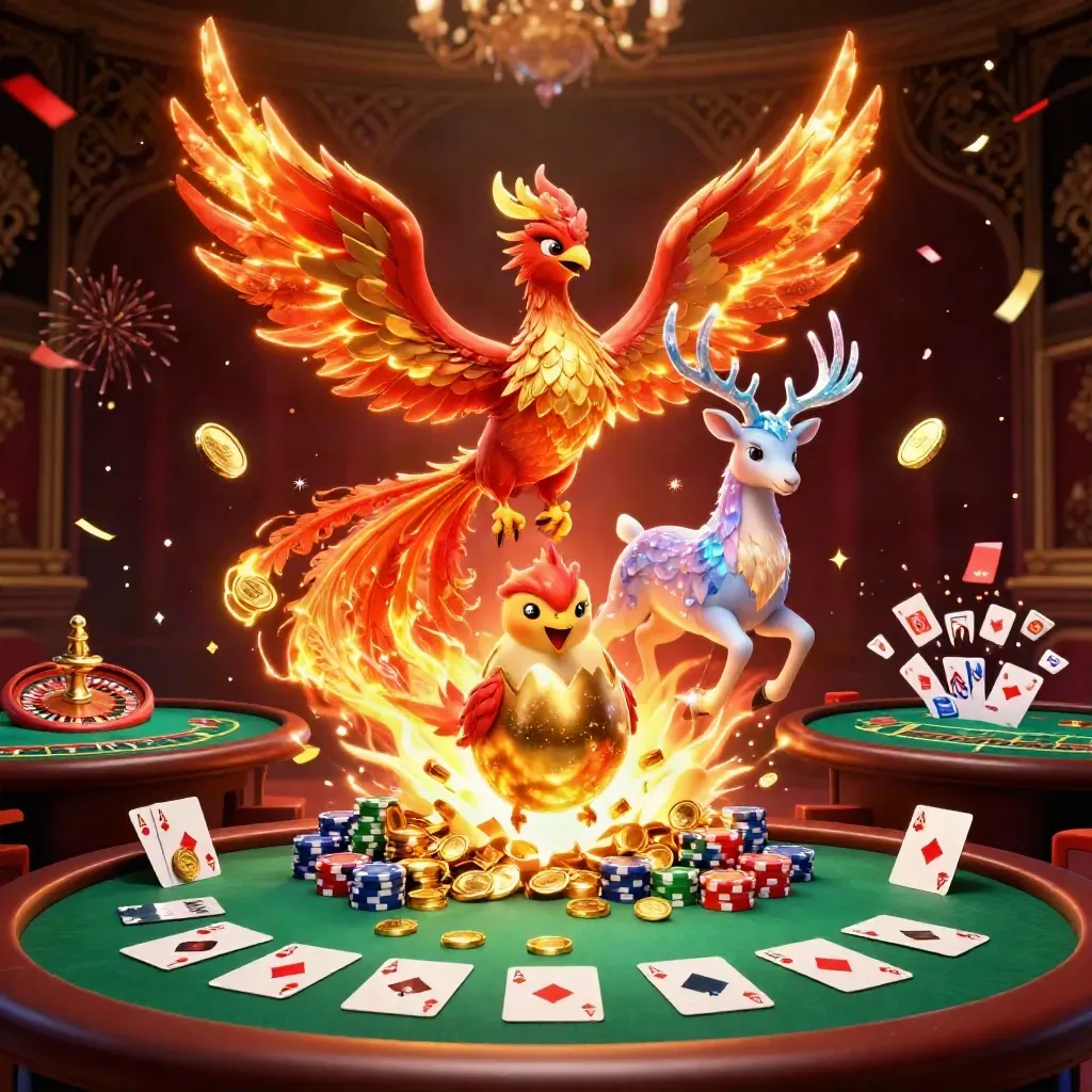Fire phoenix, stag and baby phoenix amid casino coins, chips, cards, fireworks and gold glow
