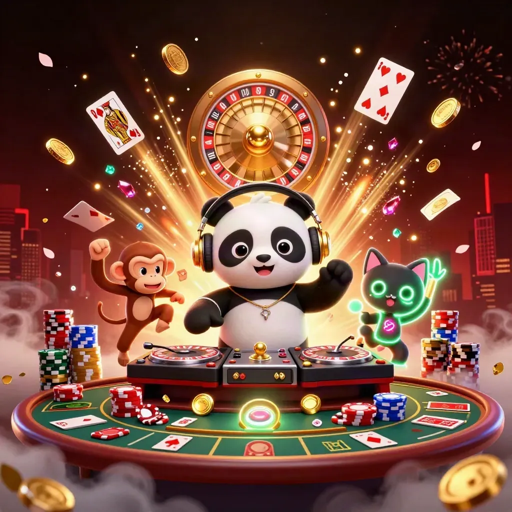 DJ panda, dancing monkey, and rave kitten amid casino coins, gems, roulette, chips, and fireworks.