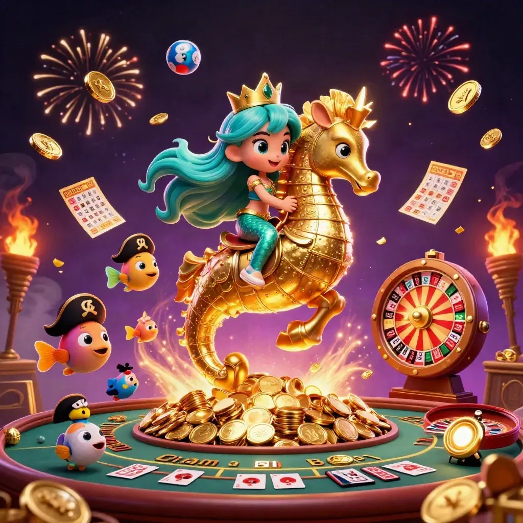 Mermaid princess on a golden seahorse amid coins, cards, reels, fireworks, and casino glow.
