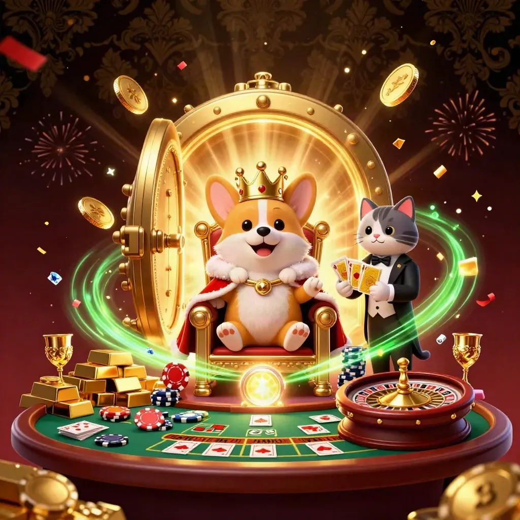 Royal corgi and cat butler amid vault gold, coins, roulette, and fireworks