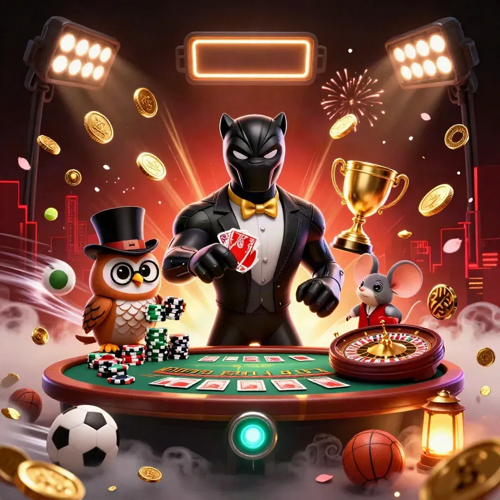 Panther, owl, and mouse amid coins, balls, trophy, roulette wheel, and casino glow.