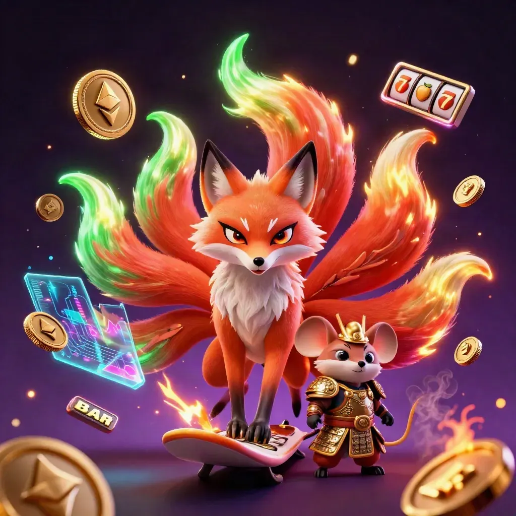 Nine-tailed neon fox spirit and armored mouse amid casino coins, lightning, and glowing slot symbols