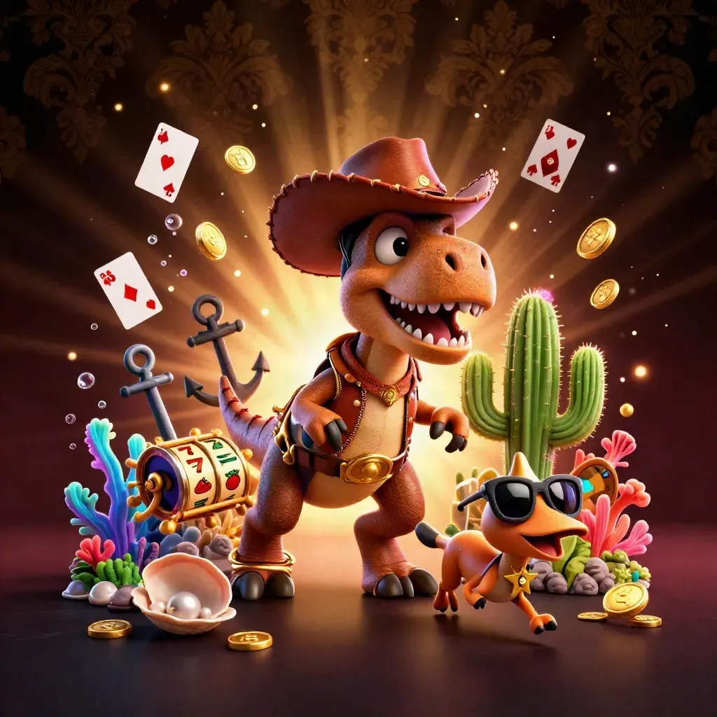 Cowboy T-Rex, cactus sidekick, and roadrunner amid casino treasure in dark gold glow.