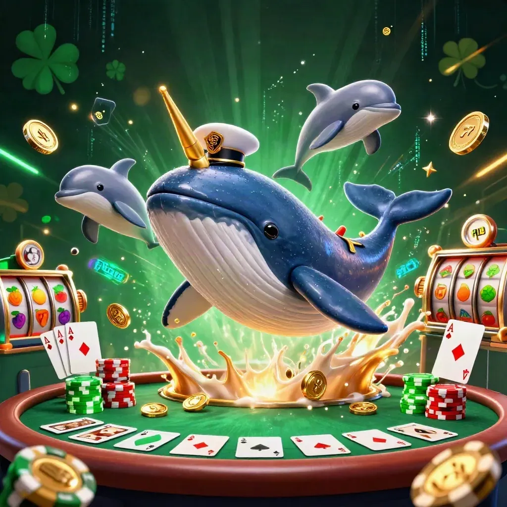 Captain whale, narwhal and chip-trick dolphins explode through casino coins and neon slot effects.
