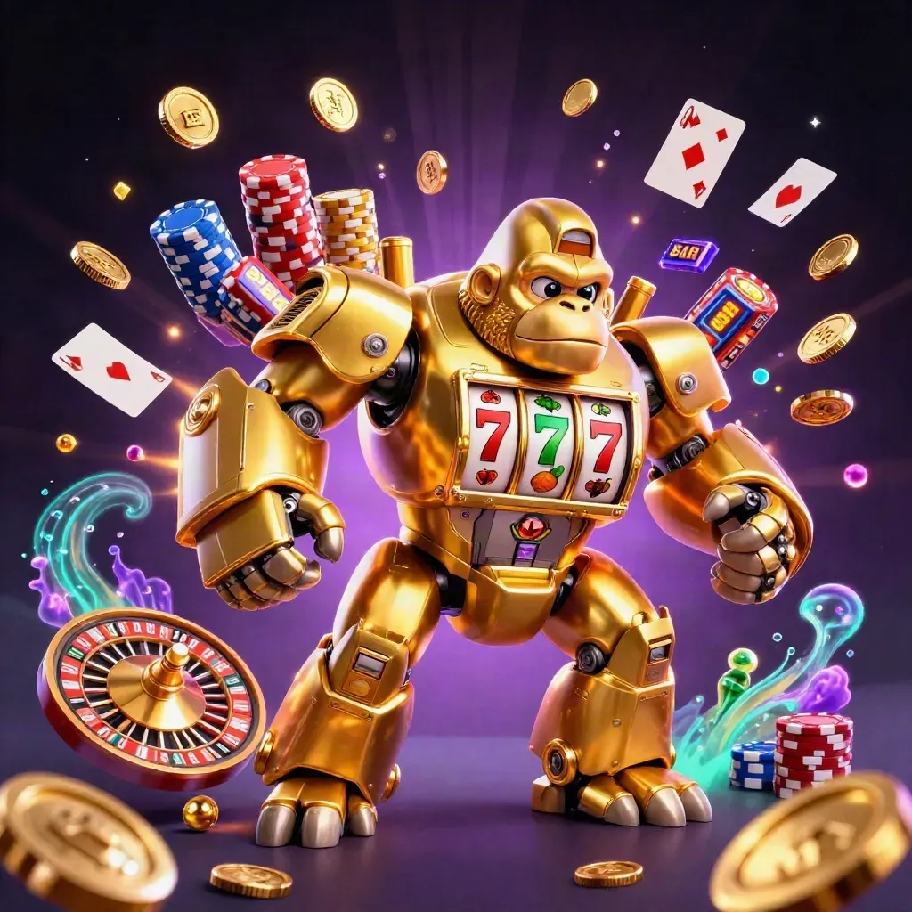 Golden gorilla slot mech with monkey pilot, coins, chips, reels, and roulette burst on a dark neon casino backdrop.