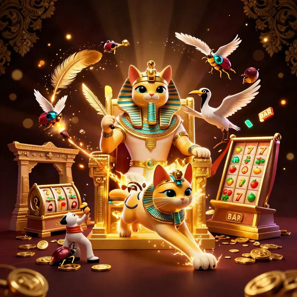 Pharaoh cat, ibis scribe and scarab swarm amid casino relics and glowing reels.