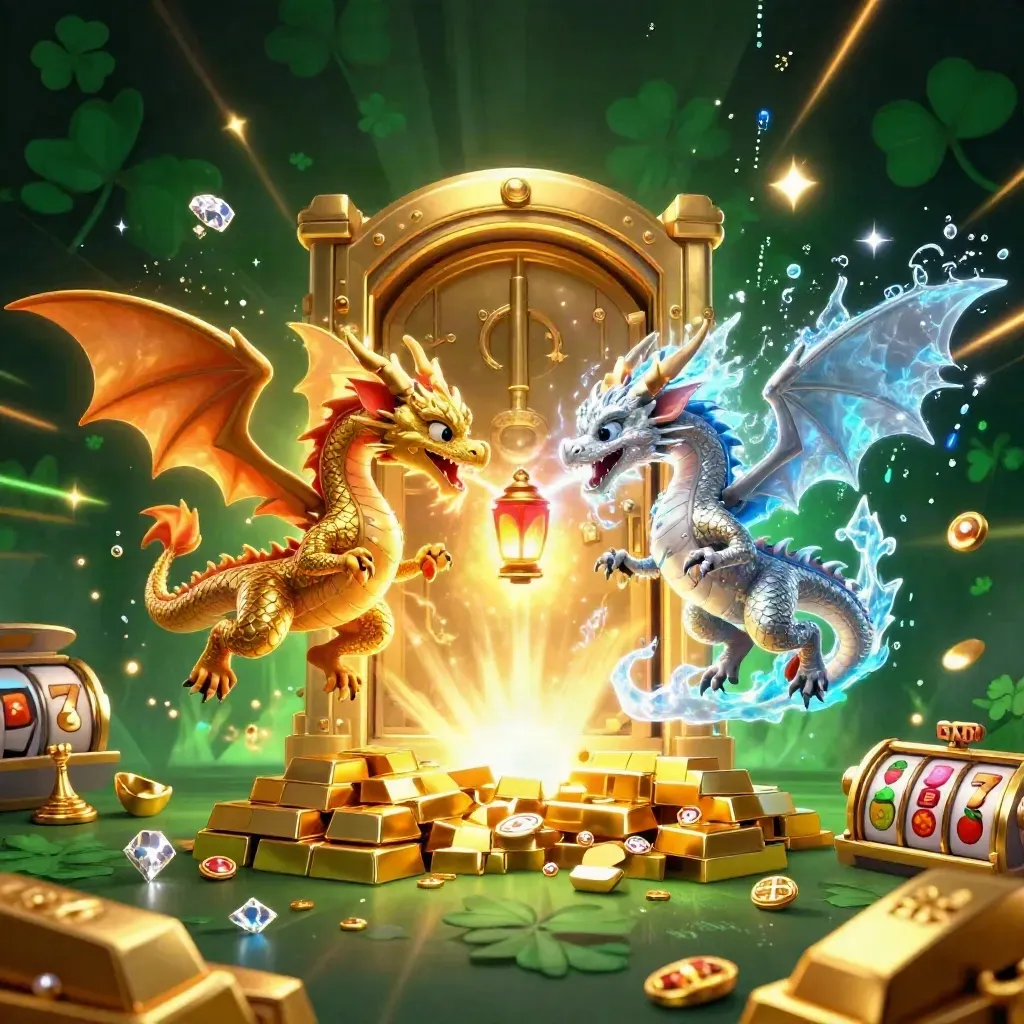 Twin gold and silver dragons spiral around a vault, loot, reels, and neon sparks in emerald black.