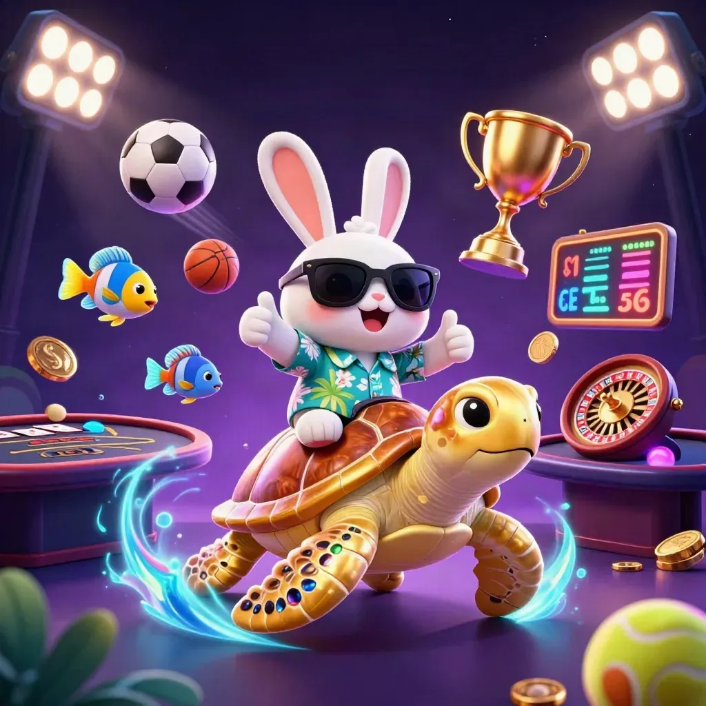 Lucky rabbit rides a golden sea turtle amid casino gear, coins, lights, and neon glow.