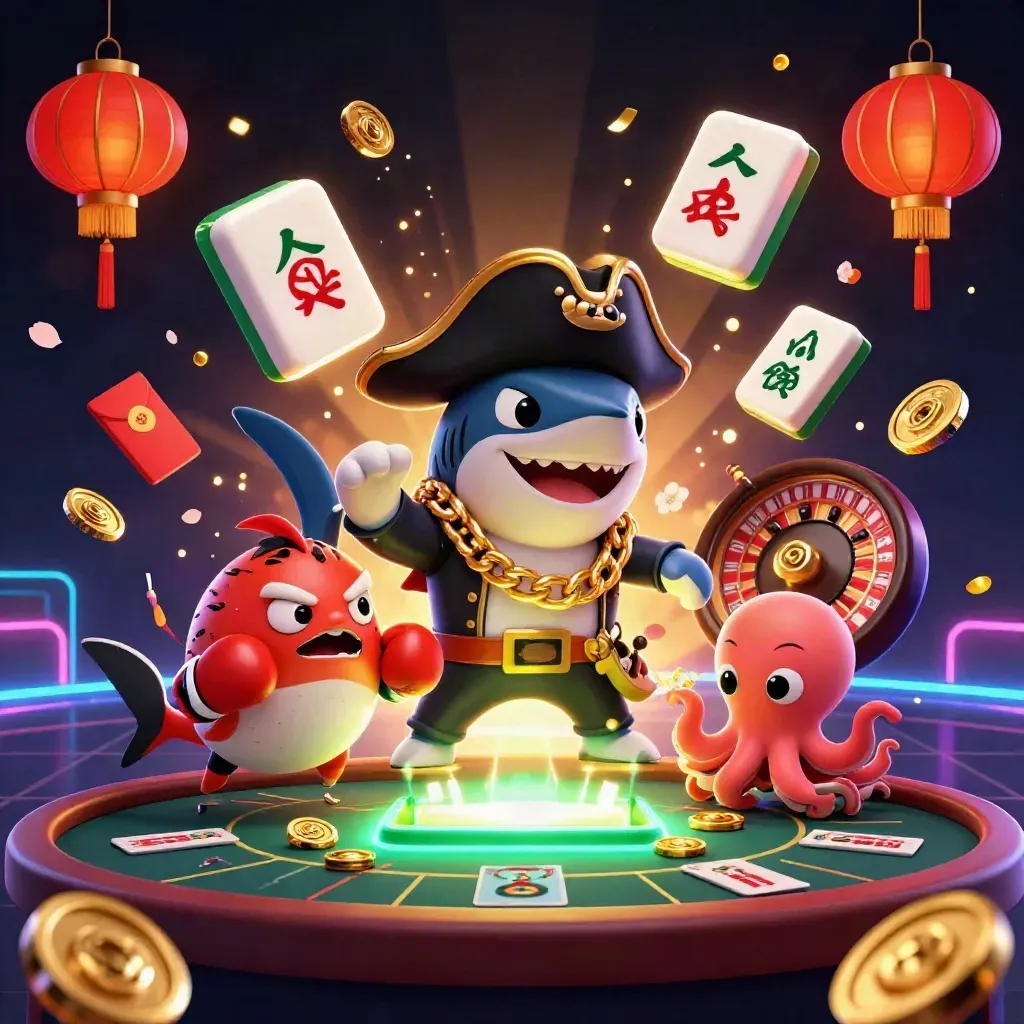 Shark pirate, boxing pufferfish, and juggling octopus amid casino chips, lanterns, and glowing cards.