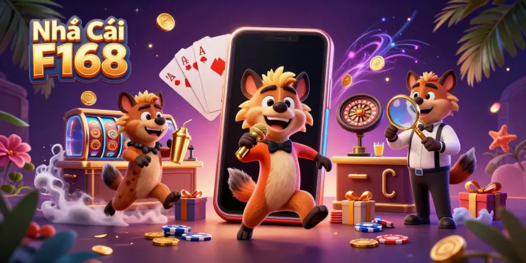 Enjoy vibrant gaming action at Nhà cái F168 with a lively comedy casino scene featuring hyenas.