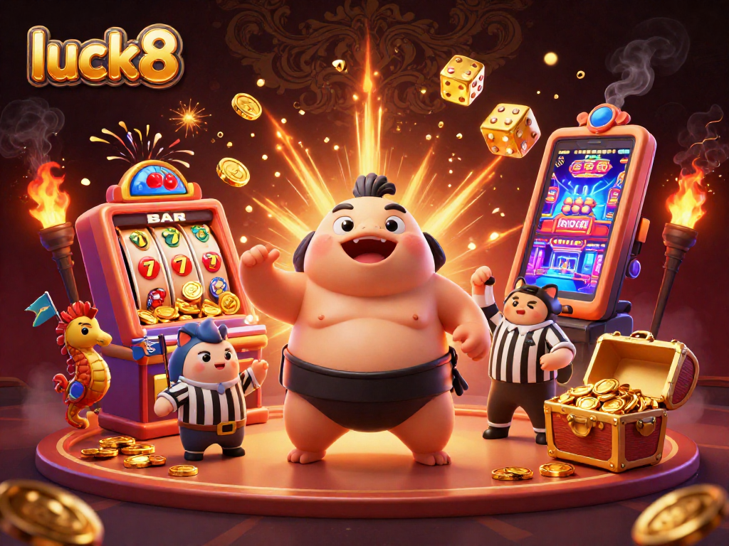 Luck8 players engaging with an exciting underwater casino scene, featuring a blowfish and catfish, among riches and games.
