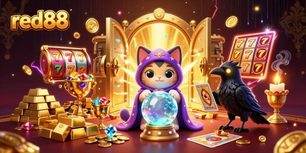 Experience the excitement of red88 with a vibrant 3D illustration of fortune tellers and rich casino elements.