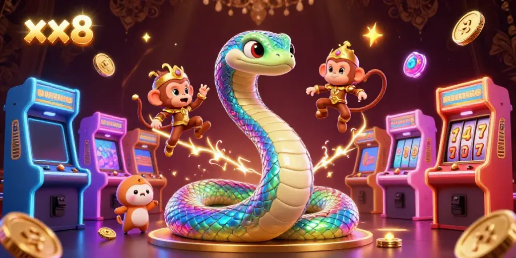Experience the vivid atmosphere of xx8, featuring a magical scene with a rainbow serpent and playful monkey king amidst vibrant casino elements.