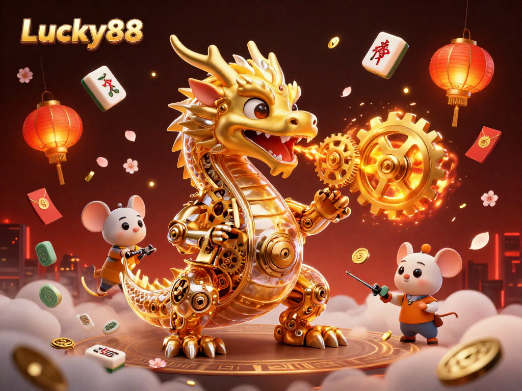 Experience thrilling gameplay with Lucky88's golden dragon and vibrant casino elements surrounding it.