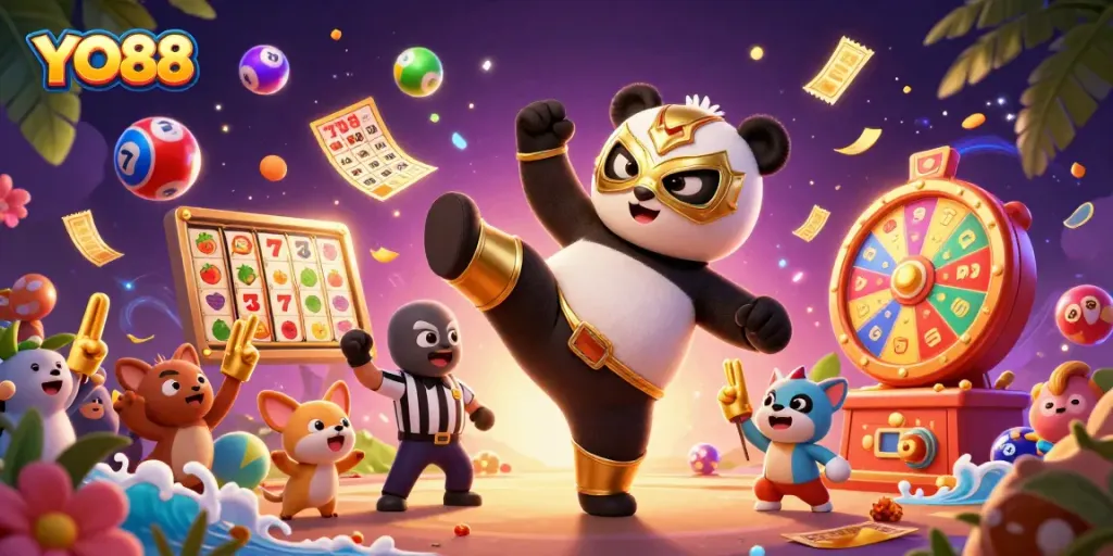 Experience the excitement of YO88 with a dynamic 3D scene featuring a panda wrestler and casino elements.