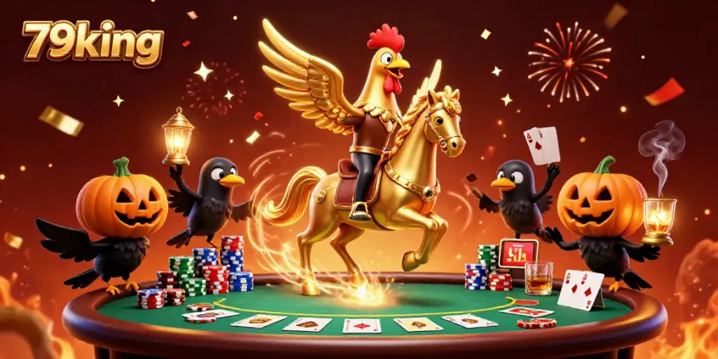 Experience the captivating 79king casino scene with a golden rooster and exciting poker elements.