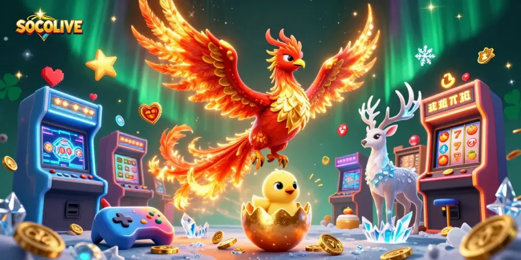 SOCOLIVE engages players with vibrant slot machines, phoenix characters, and a mystical stag in an exciting casino scene.