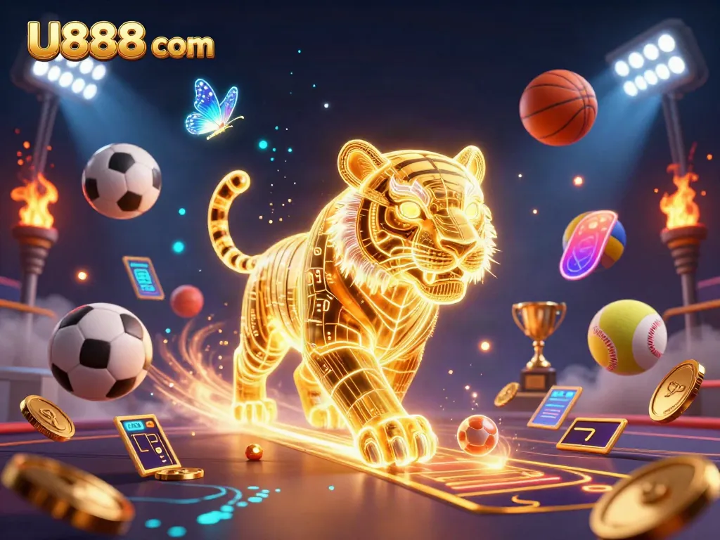 Experience the vibrant energy of U888 com with a 3D animated golden tiger amidst a digital casino landscape, celebrating sports betting.