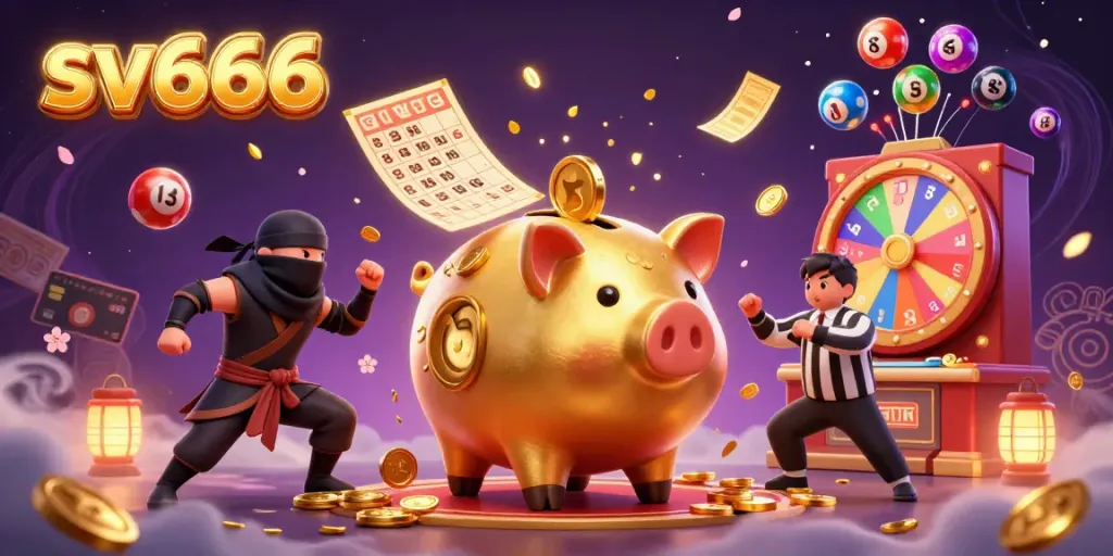 Engage with sv666 in this vibrant 3D digital casino illustration featuring a piggy bank sumo wrestler surrounded by colorful games.