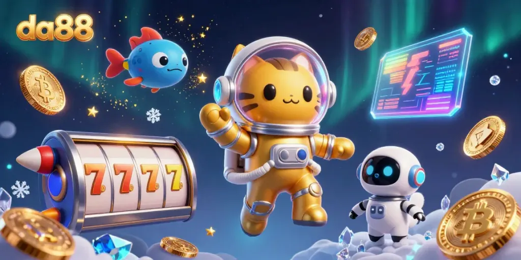 Experience the excitement of da88 with vibrant slot games and glowing cryptocurrency elements.
