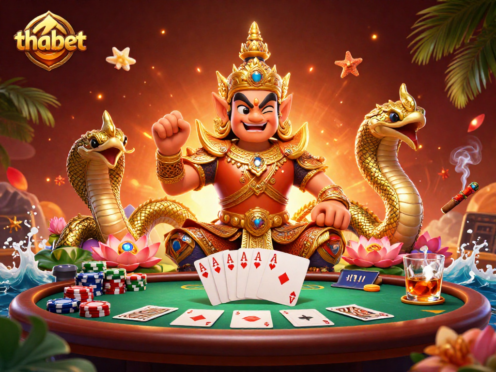 Experience exciting gameplay with thabet at an elaborate poker scene featuring a guardian and Naga.