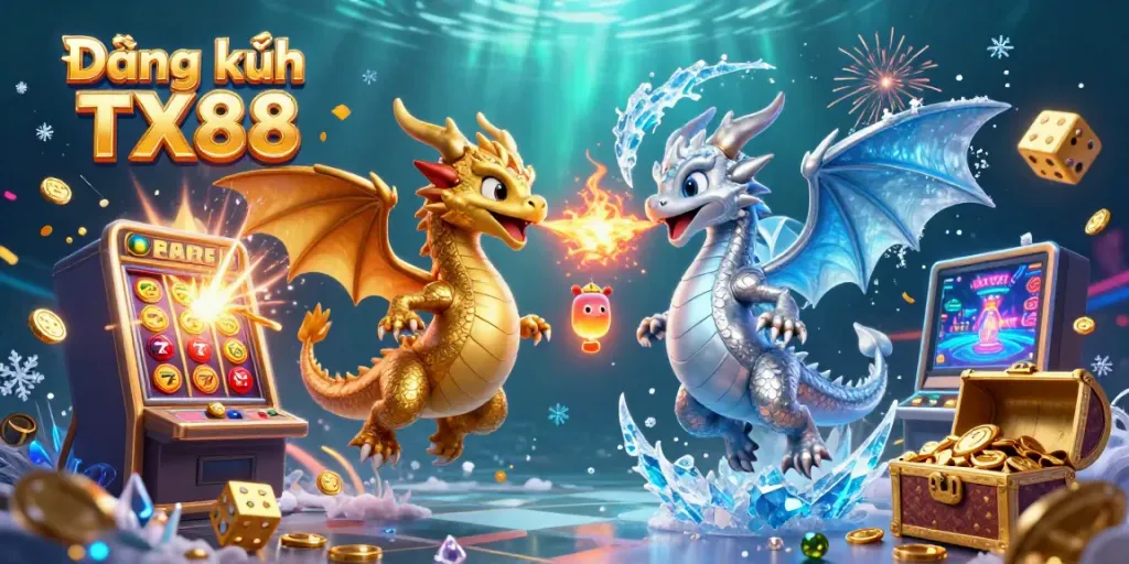Experience Đăng ký TX88 in a dynamic world where dragons breathe fire and ice, surrounded by slot machine explosions and casino elements.