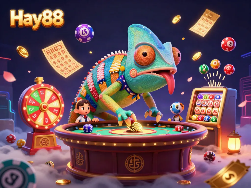 Hay88 invites players to win with an energetic 3D casino illustration featuring vibrant games and rewards.