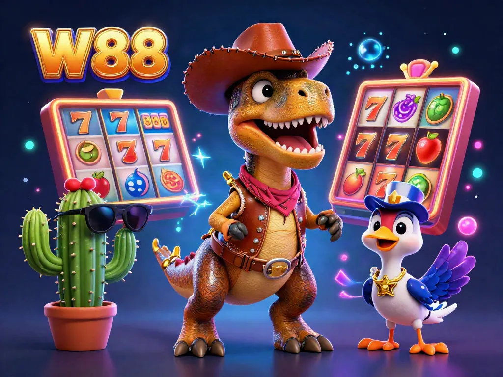 Engaging W88 casino scene featuring a T-Rex cowboy, cactus sidekick, and roadrunner, surrounded by vibrant slot game elements.