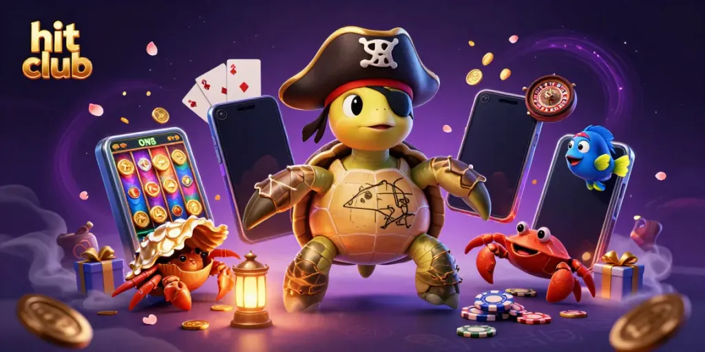 Hit Club vibrant scene with a pirate turtle and friends enjoying slot games and treasures.