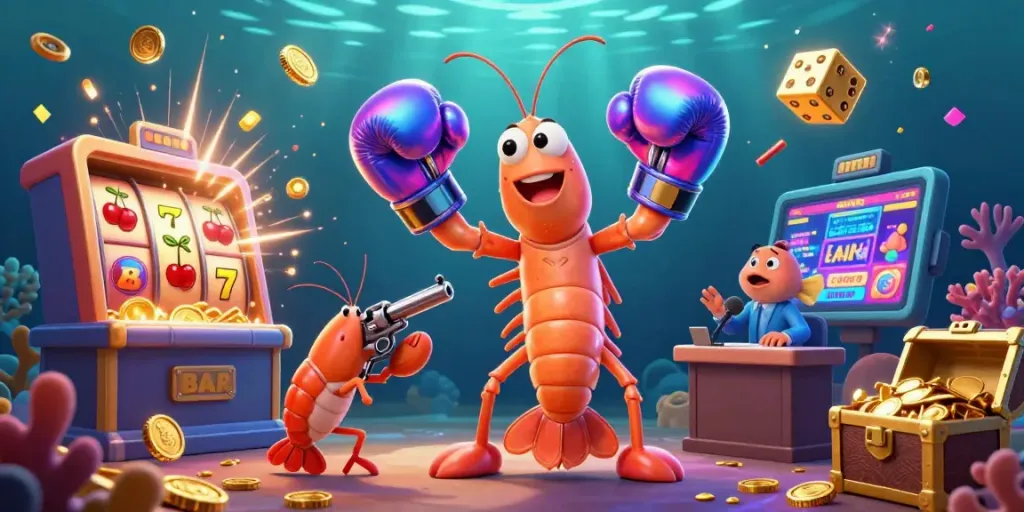 IWIN captures excitement as a mantis shrimp and friends engage in a vibrant casino jackpot scene.