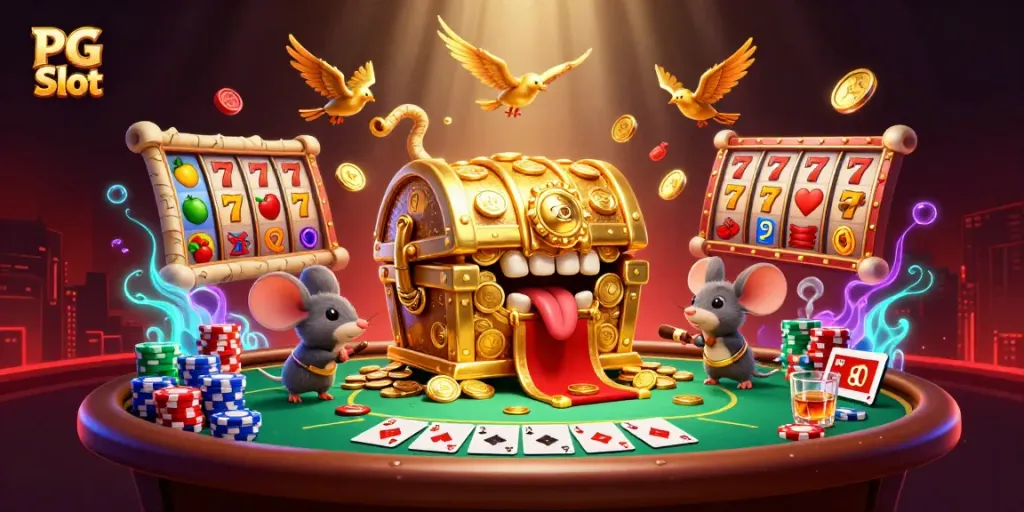 Engage with PG Slot to discover thrilling slot reels, vibrant jackpot counters, and a dazzling treasure chest.