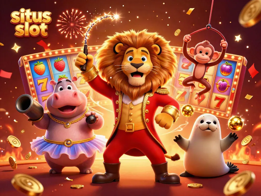 Engage in the thrilling action of situs slot with a vivid 3D circus scene featuring lively characters and vibrant slot reels.