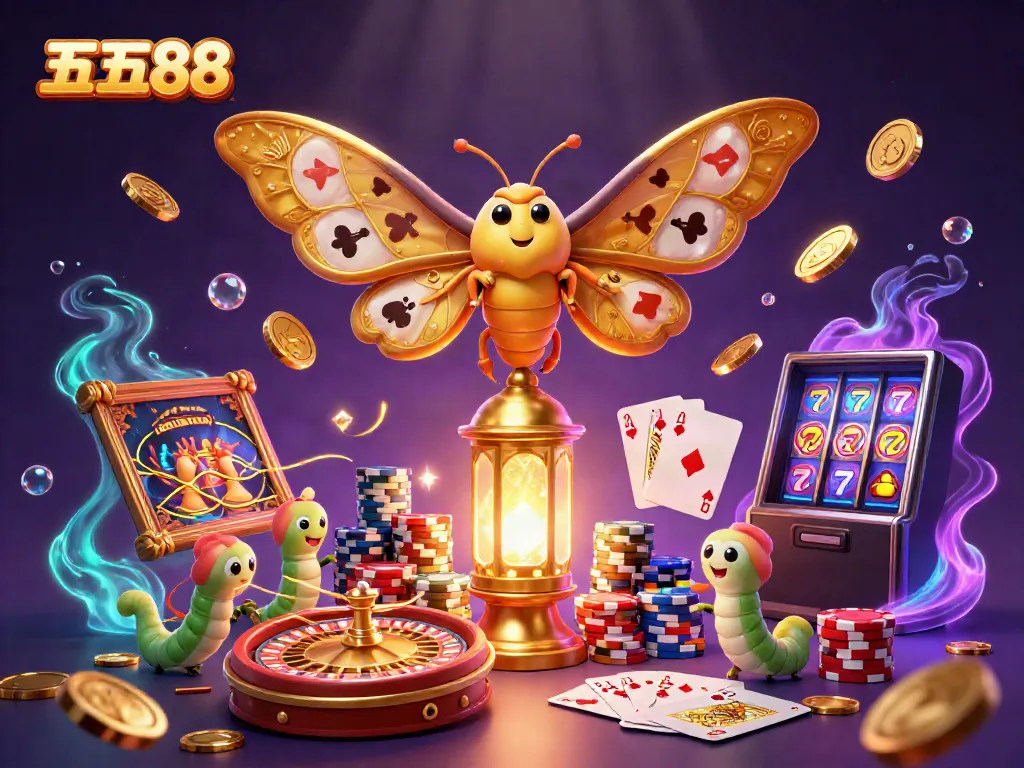 Experience the thrill of five88 with vibrant casino elements and a majestic moth symbolizing luck