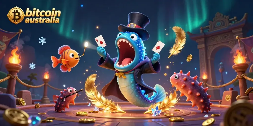 Perform card tricks in a vibrant bitcoin casino australia scene with dynamic sea creatures.