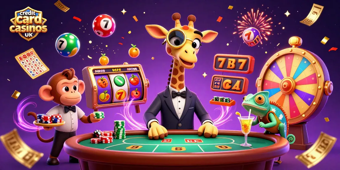 Experience credit card casinos uk with a vibrant scene featuring a giraffe, monkey, and chameleon in a bustling casino.