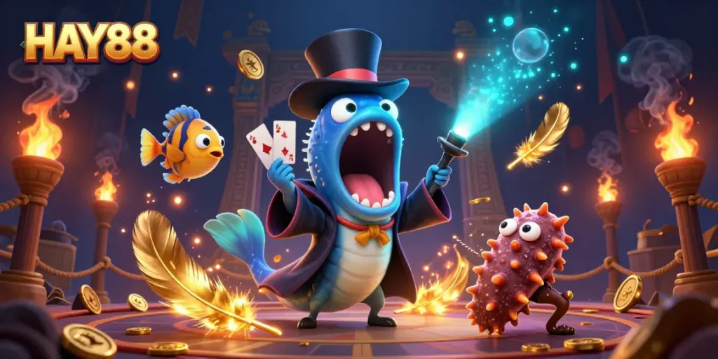 Experience thrilling card tricks with HAY88 in a vibrant underwater casino scene.