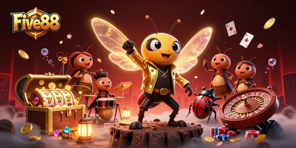 Experience Five88's thrilling casino adventure with a cartoon rock star, vibrant games, and dazzling settings.
