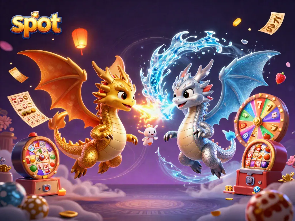 Experience thrilling slot games with vibrant elements in this dynamic illustration featuring magical dragons.