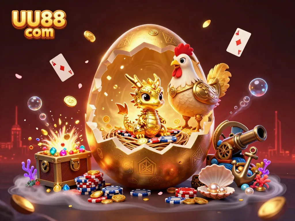 Engage with UU88 com's exciting casino games featuring a baby dragon guarding poker chips amidst dazzling treasures.