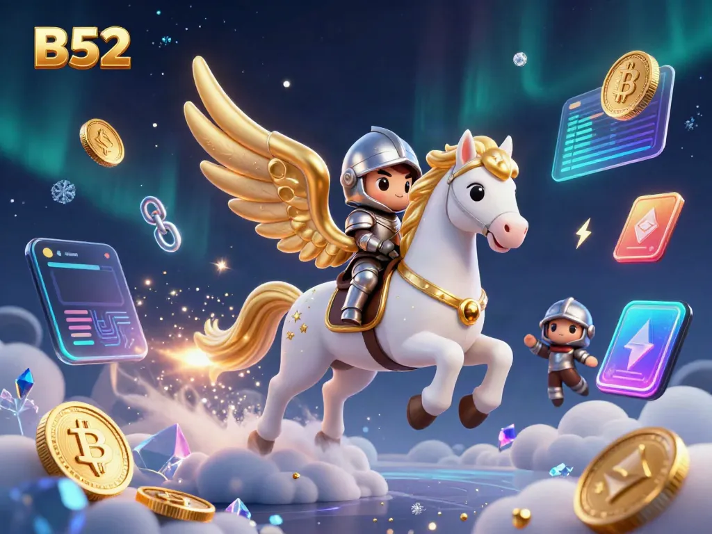 Experience the thrill of B52 gaming with a celestial horse and knight encountering vibrant crypto elements.