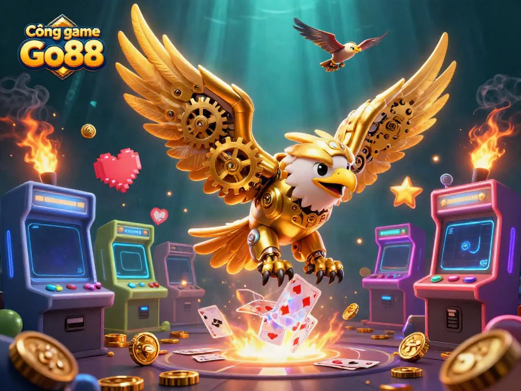 Cổng game Go88 showcases a vibrant 3D illustration with a golden eagle diving through playing cards.