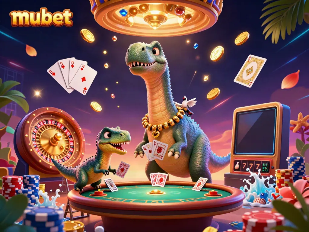 Experience the fun at mubet with cartoon dinosaurs in a vibrant casino scene.