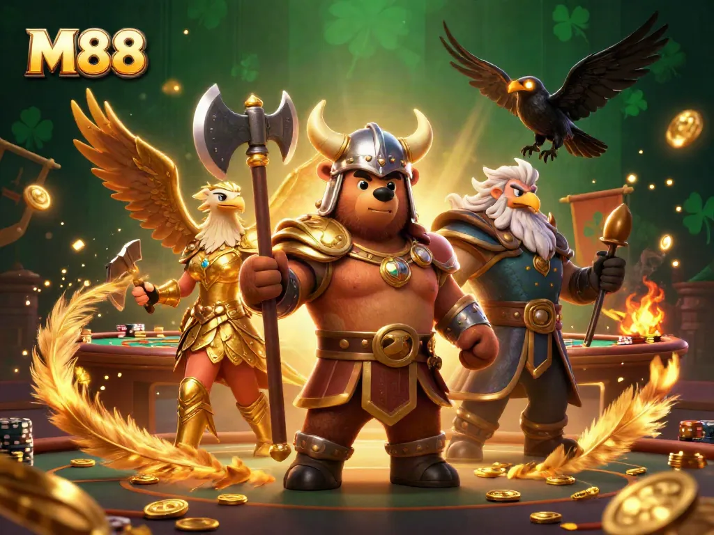 M88 casino-themed illustration featuring a Viking bear, Valkyrie, and game elements.