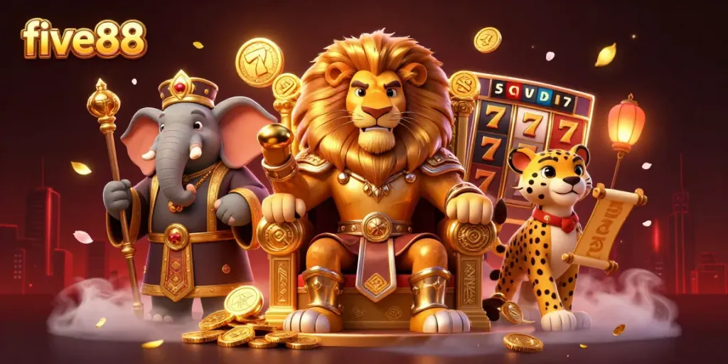 Experience the excitement of five88 with a vibrant casino scene featuring a royal lion, an elephant advisor, and a cheetah messenger.